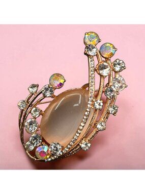 Vintage SY Gold-Tone Brooch Faux Glass Moonstone Rhinestones Elegant Costume